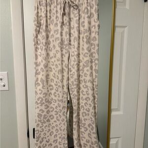 Wide Leg Leopard Print Lounge Pants - Cream/Grey